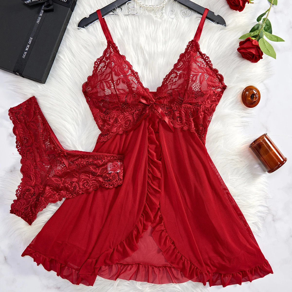 Solid Color Lace Womens Deep Vneck Lowcut Backless Mesh Pattern Hollow Irregular Halter Nightdress Lingerie Set Babydoll 241204