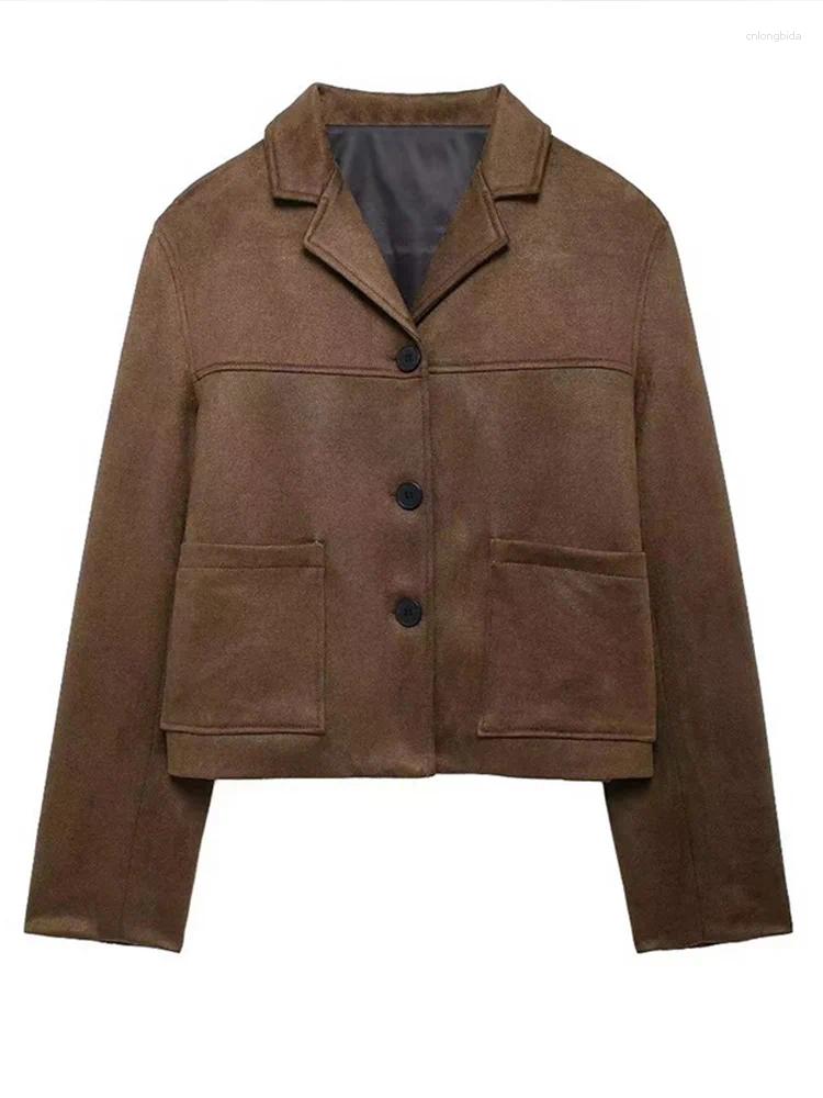 Womens Jackets Suit Collar Suede Leather Jacket Coat Retro Loose Elegant Slimming Women Short Overcoat Fashion Brown Autumn Outwear Top