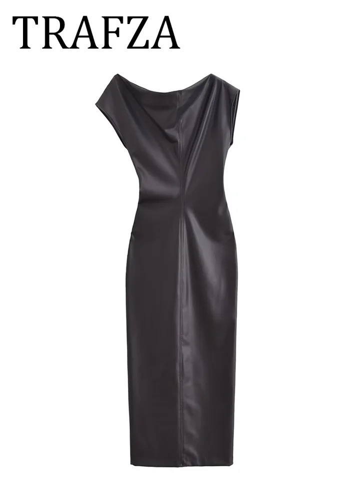 TRAFZA 2024 Autumn Women Black Faux Leather Dress Sexy Casual Slim Asymmetrical Midi Dress Basic Vintage Sleeveless Dress 241204