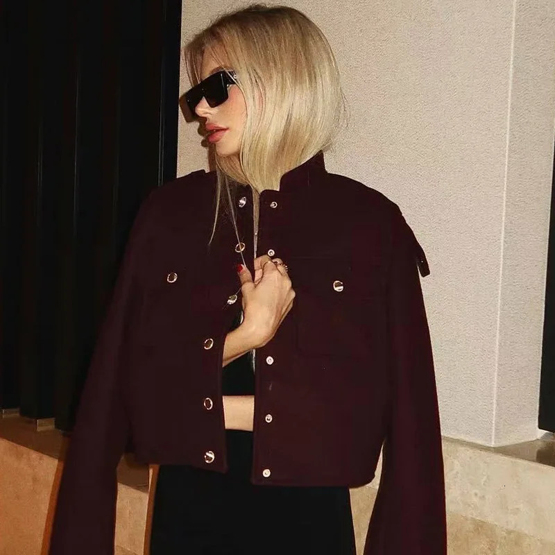 HXAO Womens Jacket Burgundy Tweed Jacket Outerwears Wool Blends Coats Winter Button Red Cropped Jacket Long Sleeve Coats 241205