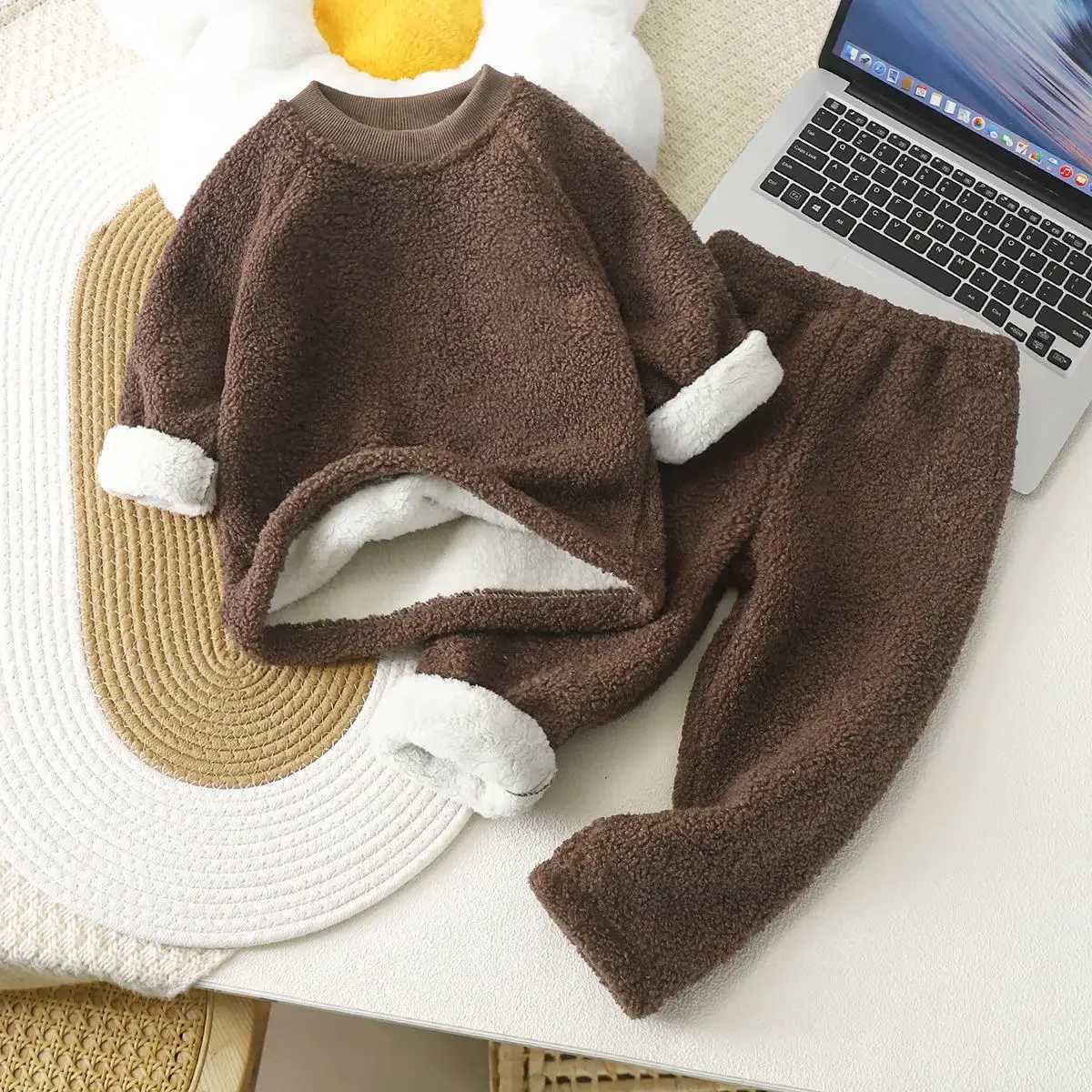 Pajamas New Baby Warmth Set Home Fur Childrens Double Fleece Winter Plush Thickened Lamb Velvet Pajamas for Boys Girls H241205