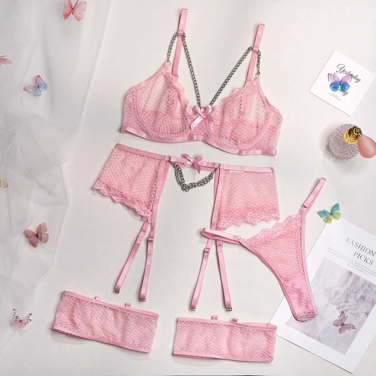 Plus Size Lingerie Sexy Mesh Hot Erotic Lingerie Sexy Lace Bra Set For Women Chains Costumes Set Underwear Bra Panty Garters SetXJ241205