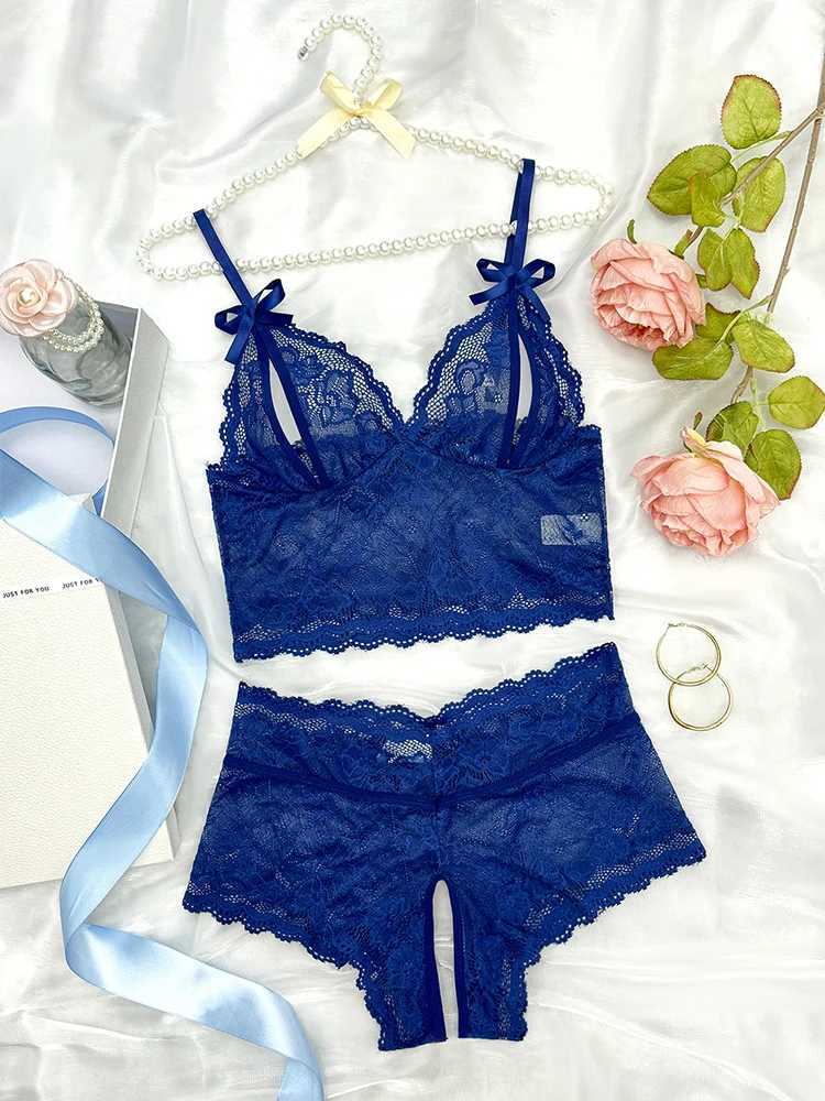 Sensual Lingerie Transparent Lace Bra Kits Crotchless Female Underwear Set Dark Blue Hollow Exotic Sets Tempation Intimate GoodsXJ241205