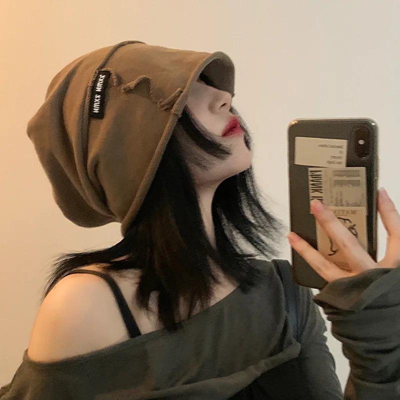 Japanese Simple Curly Headcap Womens Autumn and Winter Loose Big Head Casual Warm Cap Skull Bean Hat 241205