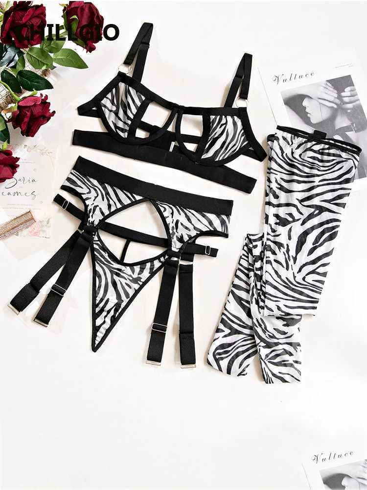 LLGIO Women Zebra Print Bra Brief Suits Sexy Bodycon Intimate Erotic Lingerie Four Pieces Transparent Push Up Underwear SetsXJ241205