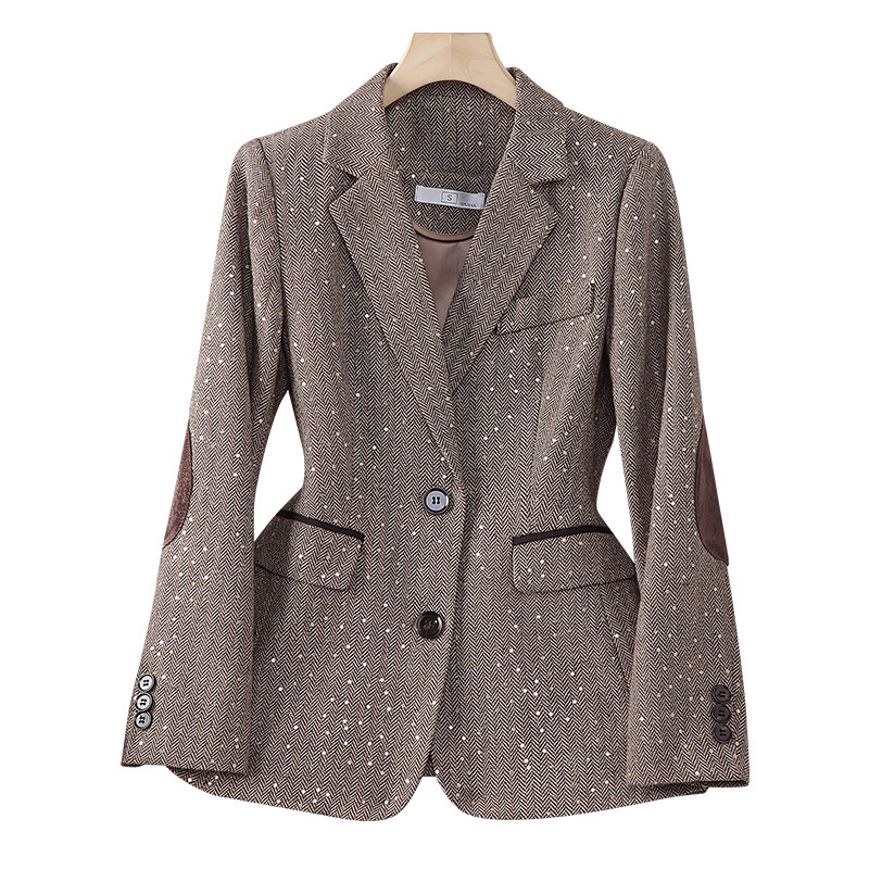 Spring Retro Gray Splice Plaid Sequins Blazers Coat For Women Brown Elegant Business Vintage Ladies Suit Jacket Fashion Y2k