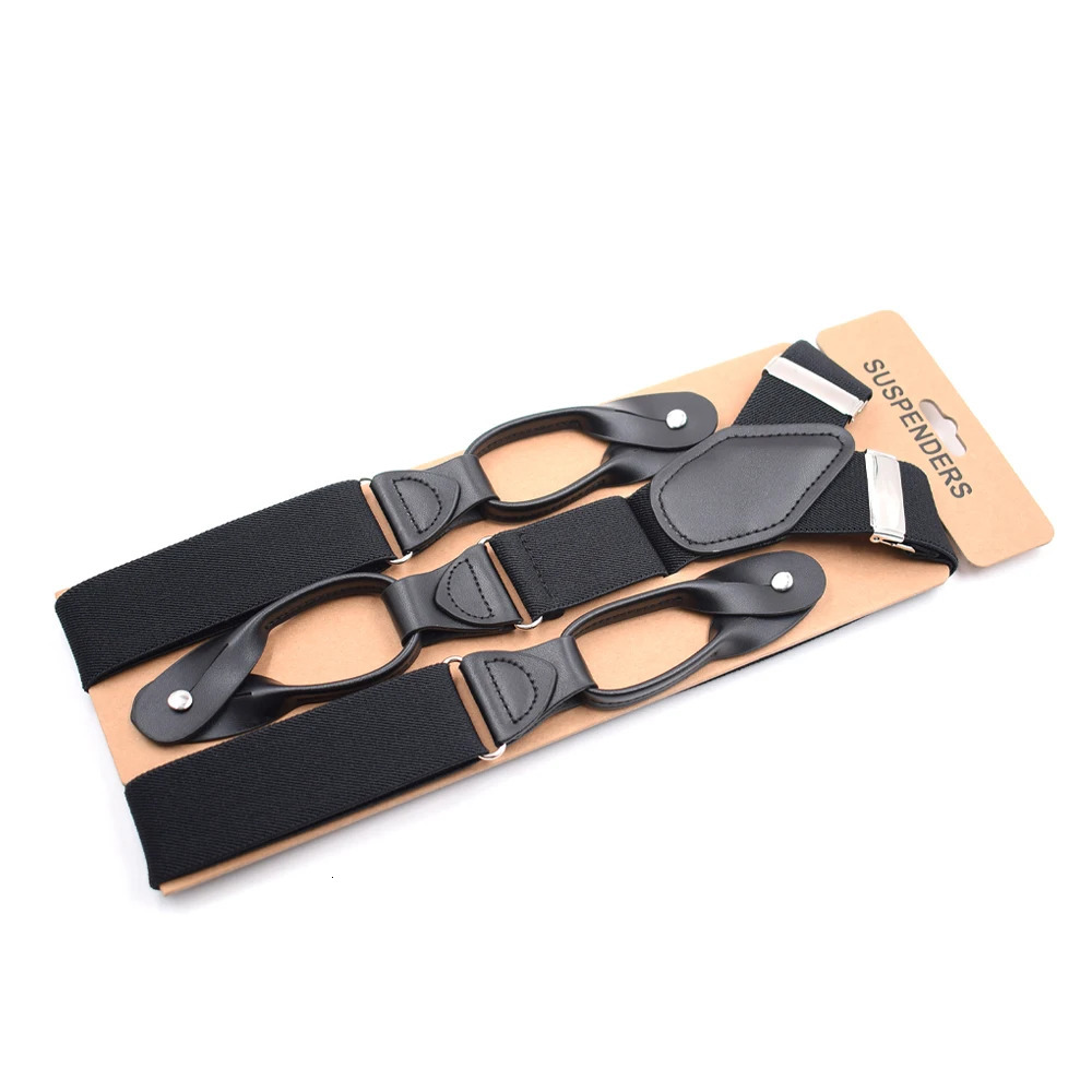 Vintage Suspenders for Men 35cm Width Button End Black Leather Trimmed Y Back Adjustable Elastic Trouser Braces Strap Belt 241122