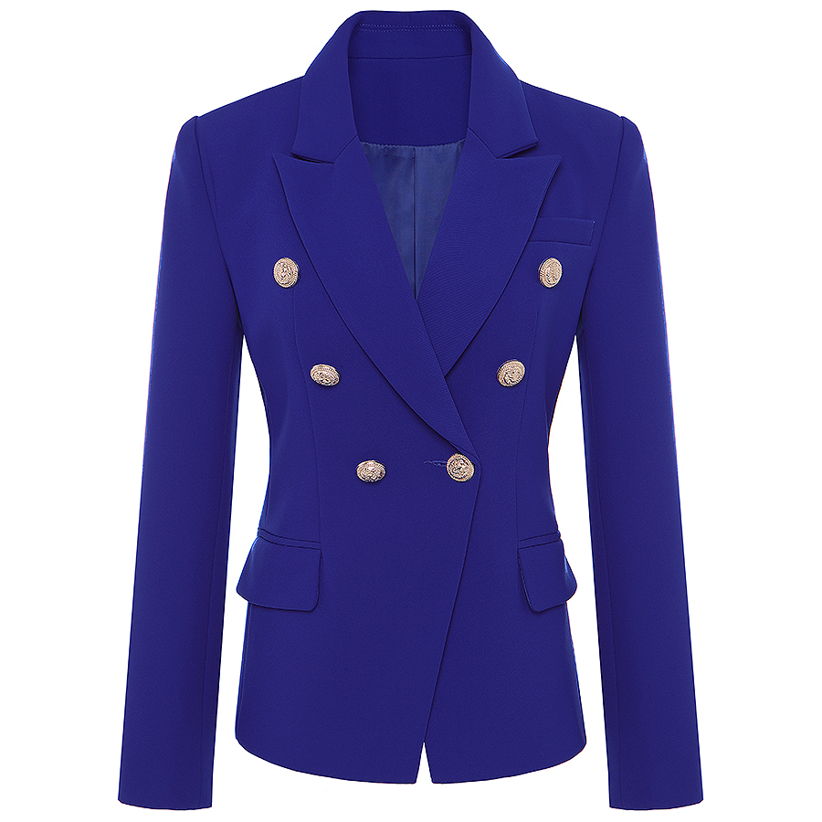Classic Ladies Career Jacket Slim Fitting Double Breasted Lapel Blazer Royal Blue S-5Xl