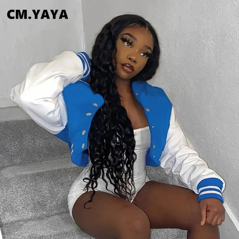 CM.YAYA Women Autumn Winter Long Sleeve Sport Baseball Jacket Coat Fall Streetwear PU Leather Patchwork Jackets Outcoats 241205
