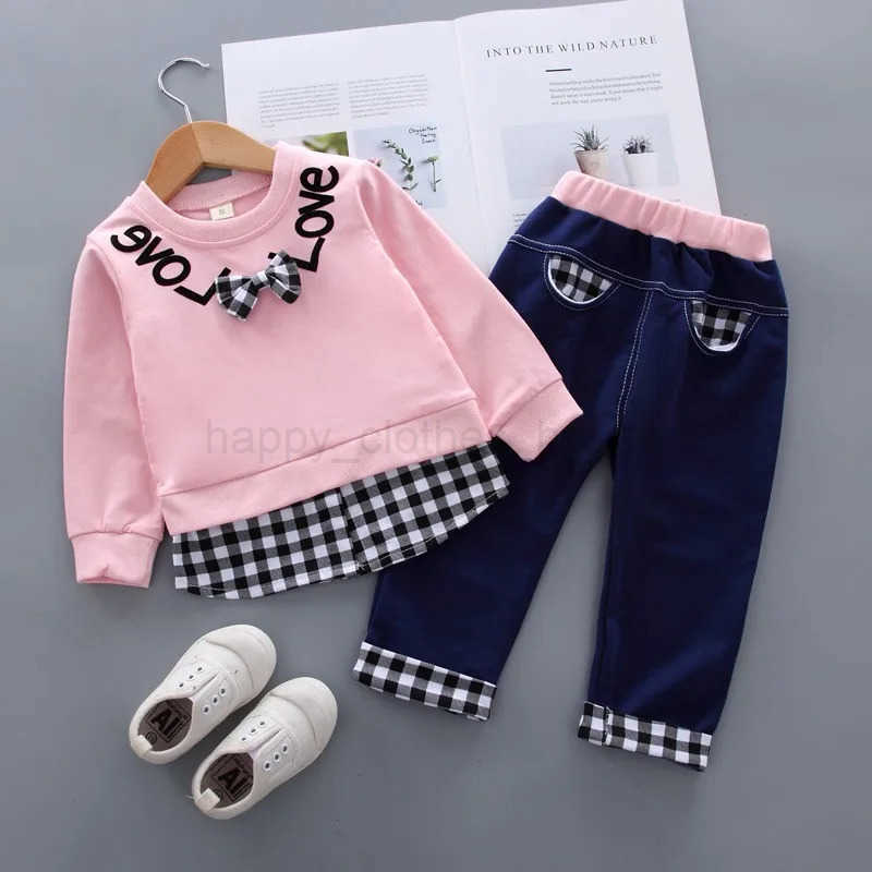 2Pcs/set Autumn Girls Clothes Sets Children Sweet Bowknot Long Sleeve Pullover T-shirt + Denim Pants Kids Loungewear SuitsXJ241205