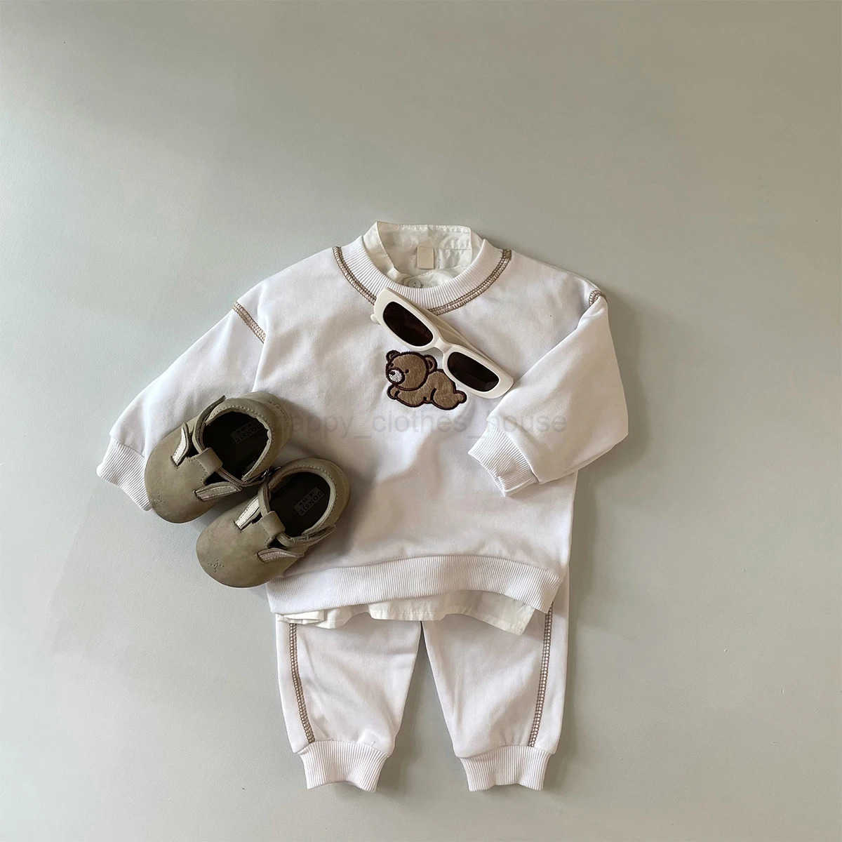 2PCS Autumn Newborn Baby Clothes Boys Girls Long Sleeve Pullover+Pants Little Bear Embroidery Sweatshirt Casual Set Infant SuitXJ241205