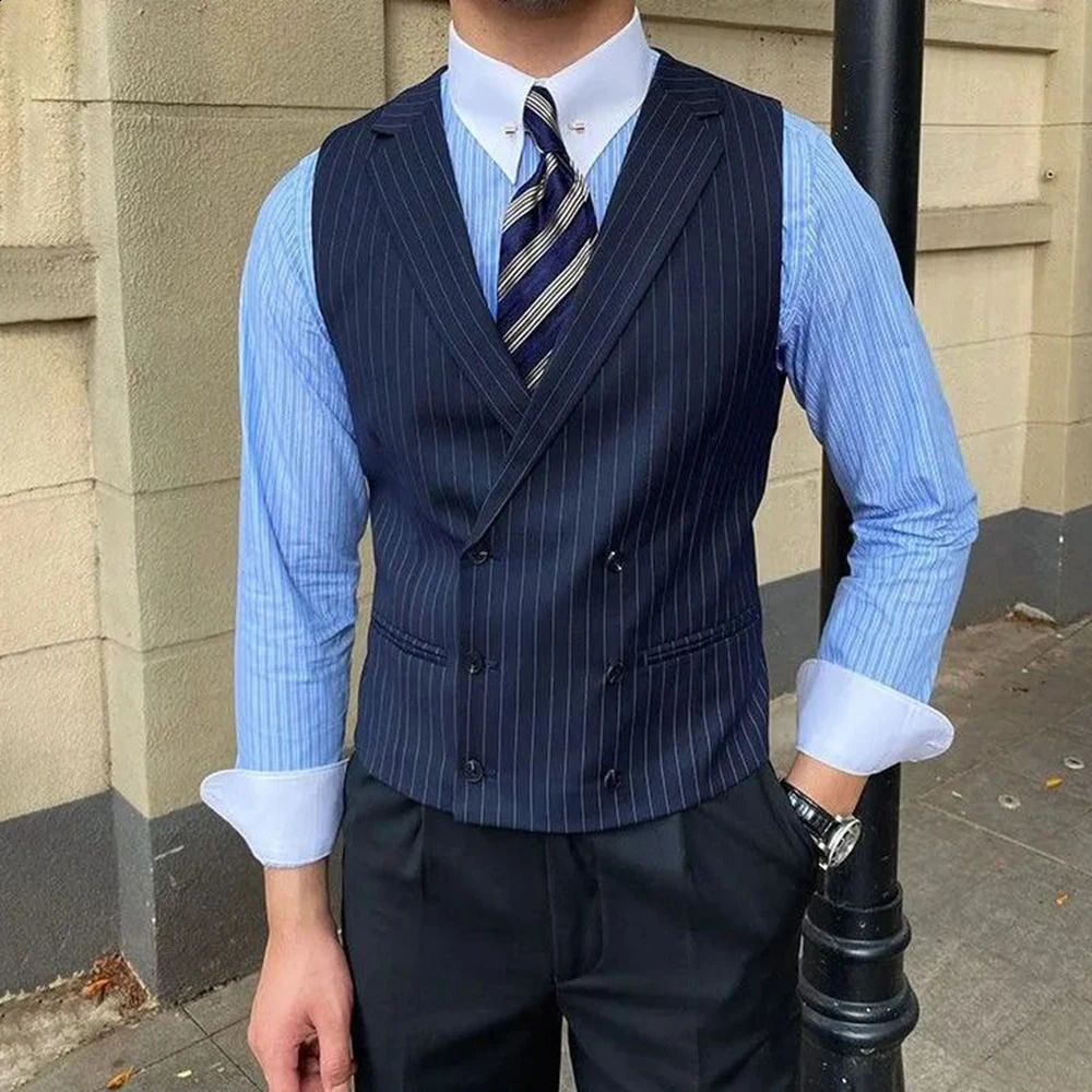 British style business mens striped suit retro double chest elegant slim fit lapel casual mens vest retro waist fashion 241205
