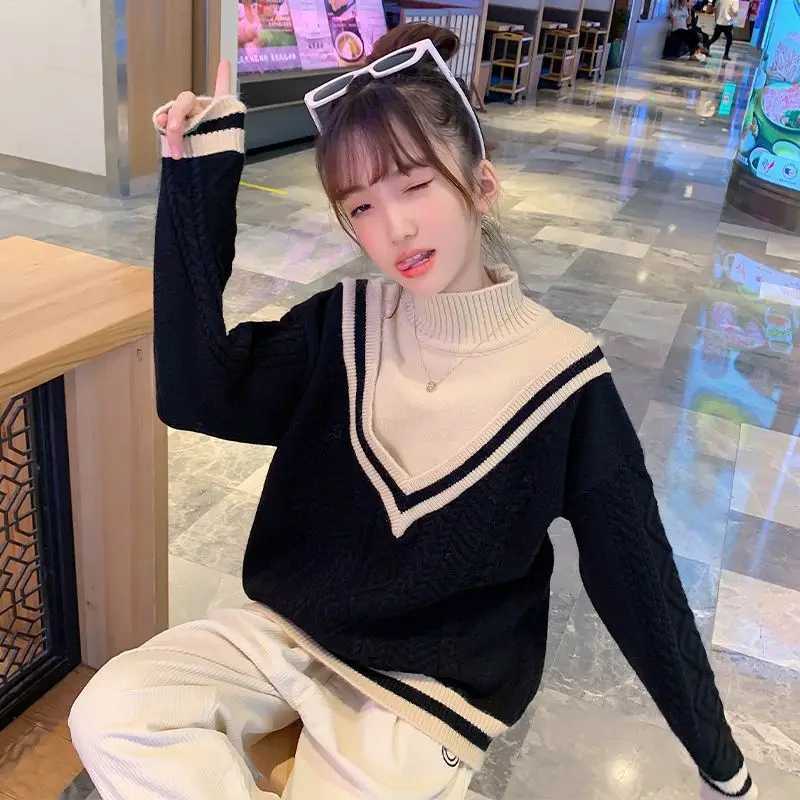 Girls sweater autumn/winter chiffon thick plush childrens knitting 2024 new girl high neck baby clothing 5 10 7 12 years old W241205