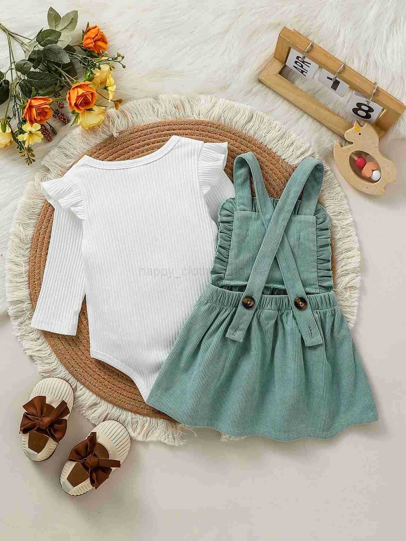 2pcs Babys Girls Long Sleeve Autumn Bodysuit Skirt Set With Floral Preppy Sle Fashion ClothingXJ241205