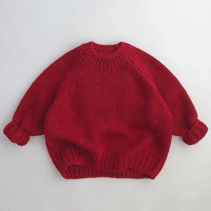 Baby Red Knitted Loose Sweater Childrens Boys and Girls New Years Top Childrens Thick Winter Knitted Soft Long Sleeve Baby Pulling Flower W241205