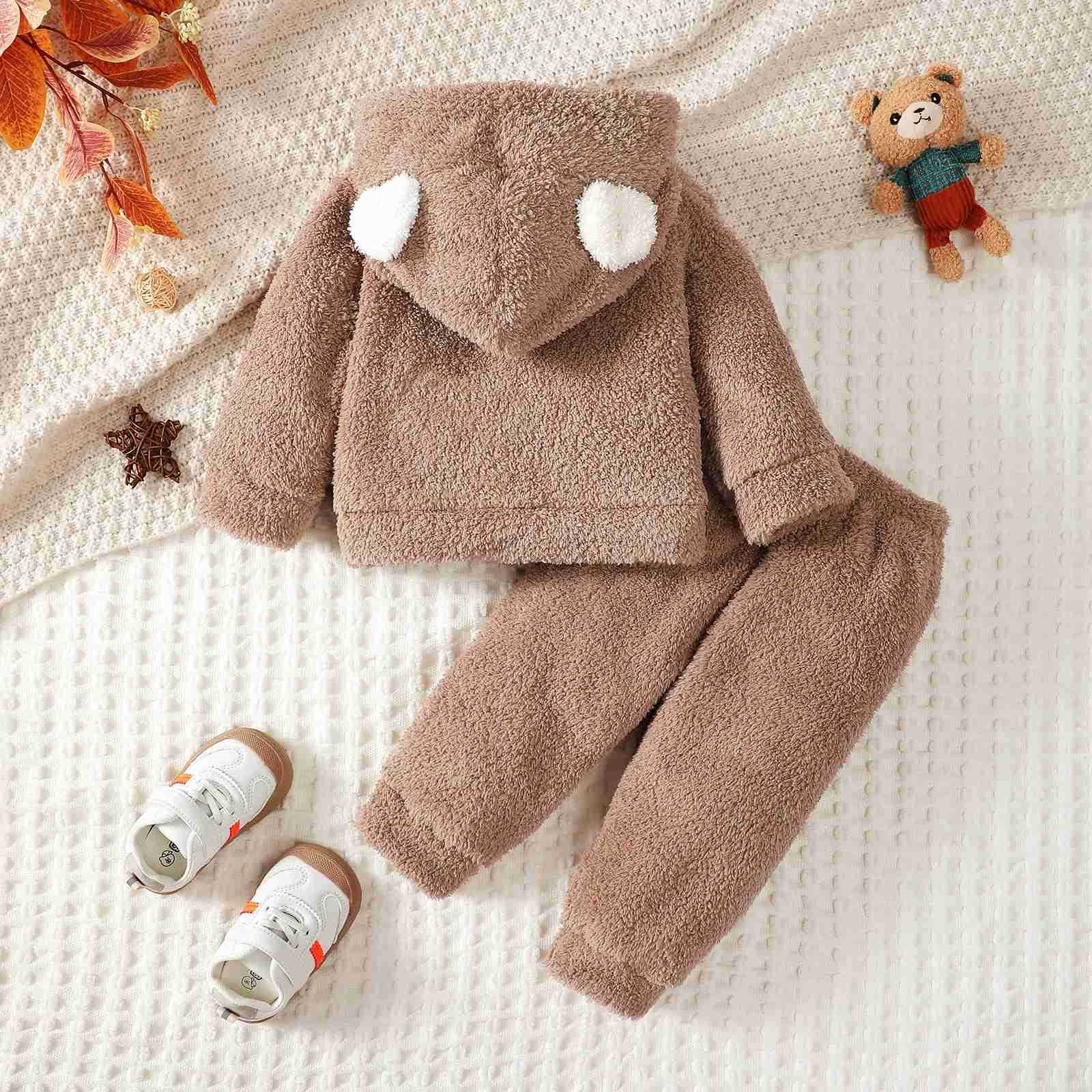 Toddler childrens Boy Set Brown Hooded Plush Long sleeved Pants Two-piece Set fit 0-3 Year old Male Baby Winter Warm SuitXJ241205