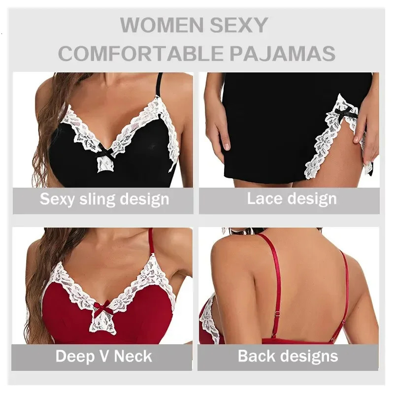 Women Nightdress Sexy Lace Chemise Bow Nightgown Sleepwear V Neck Full Slip Babydoll Lingerie Sleep Dress Costume Lenceria 241204