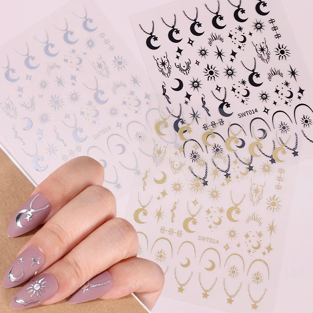 Heallor Silver Gold Nail Stickers Heart shaped Sun Moon Star Lock Angel Wing Stickers Nail Charm 3D Adhesive Sliders Spring Decorative Accessories 241