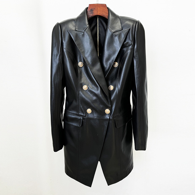 Faxu Outwear For Womens Lapel Double Breasted Waisted Long Sleeve Jacket Pu Leather Mini Blazer Dress