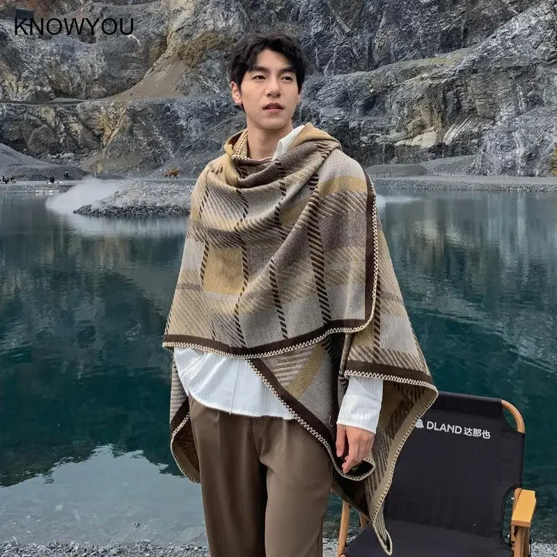 Mens cape cashmere blend cashmere cardigan mens raincoat winter warm shawl thick blanket scarf Stoll plain packaging 241205