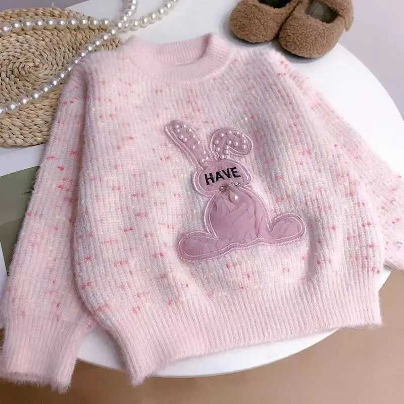 2024 Girls Latest Pink Rabbit Childrens Fashion Cute Sweater Bead Rabbit Girl Sweater Girl Knitwear W241205