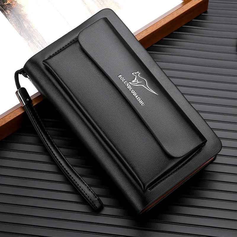 KANGAROO Men Clutch Bag Fashion Leather Long Purse Double Zipper Business Wallet Black Brown Male Casual Handy 241204