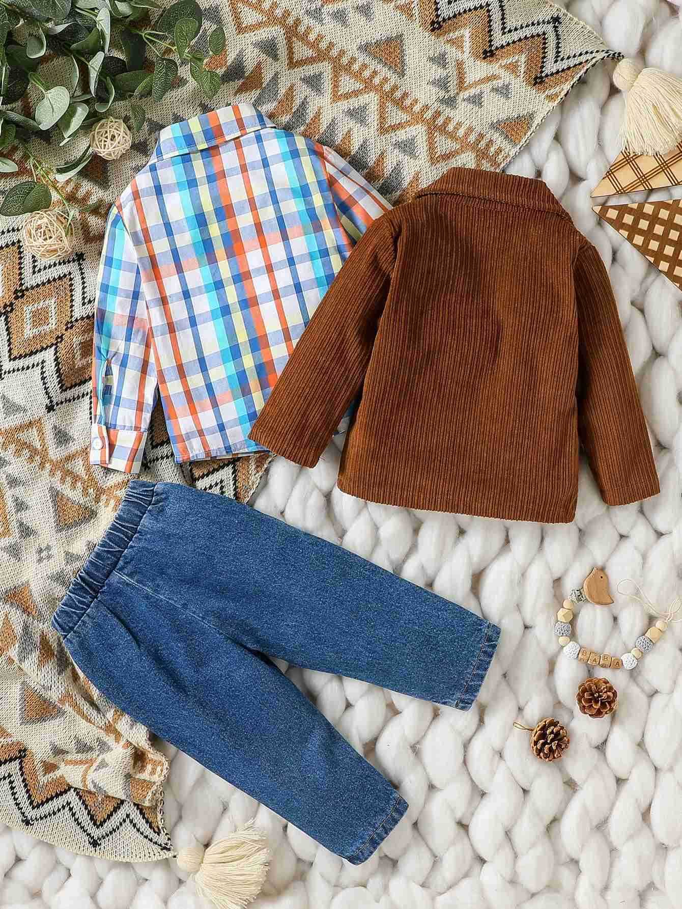 3Pcs Baby Boys LOng Sleeve Autumn/Winter Plaid Shirt Brown Coat+ Jeans For Casual Daily Wear 6M-3Y SetXJ241205