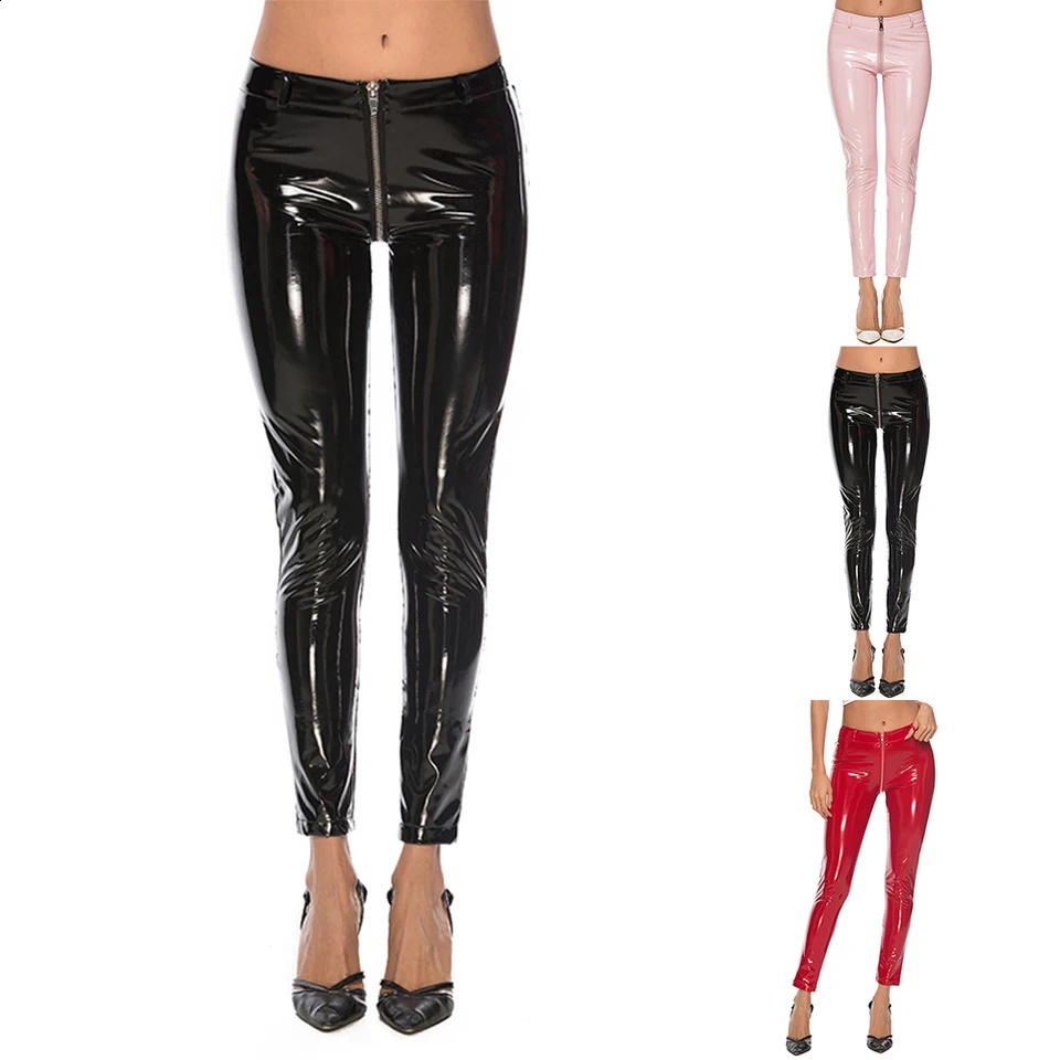 Zipper Women Shiny PVC Leather Leggings High Waist Butt Lift Push Up Stretch Skinny Pants Ladies Open Crotch Trousers Clubwear 241205