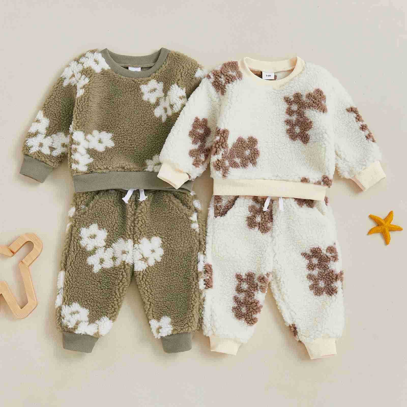 Infant Baby Girls 2 Piece Flannel Clothes Fall Winter Floral Fuzzy Long Sleeve Sweatshirt and Elastic Pants Outfits SetXJ241205