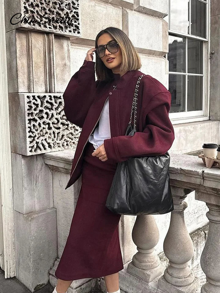 Fashion Loose Baseball Jacket Women Autumn Casual Oversized Zipper Pockets Wine Red Bomber Coat Vintage Thick Warm Outwear 241205