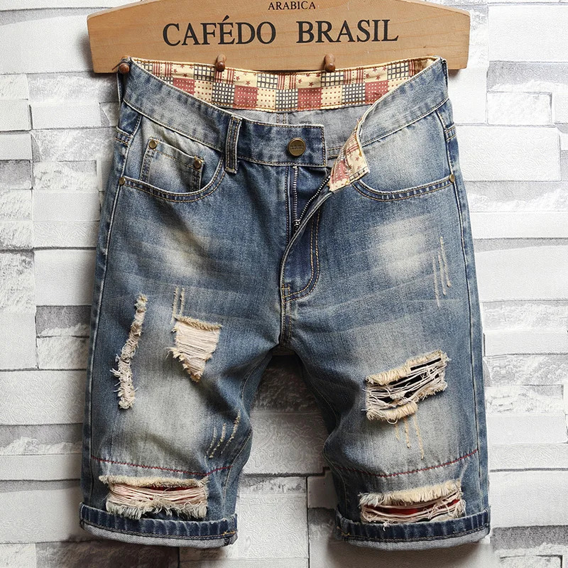 Summer Fashion Ripped hole Mens Jeans Short Street Vintage Straight Slim Denim Mid Waist Print Shortss 241205