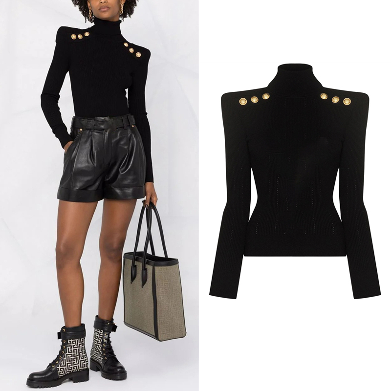 Spring And Autumn New Button Turtleneck Long-Sleeved Bottoming Shirt Women's Slim Fit Pullover Sweater Top