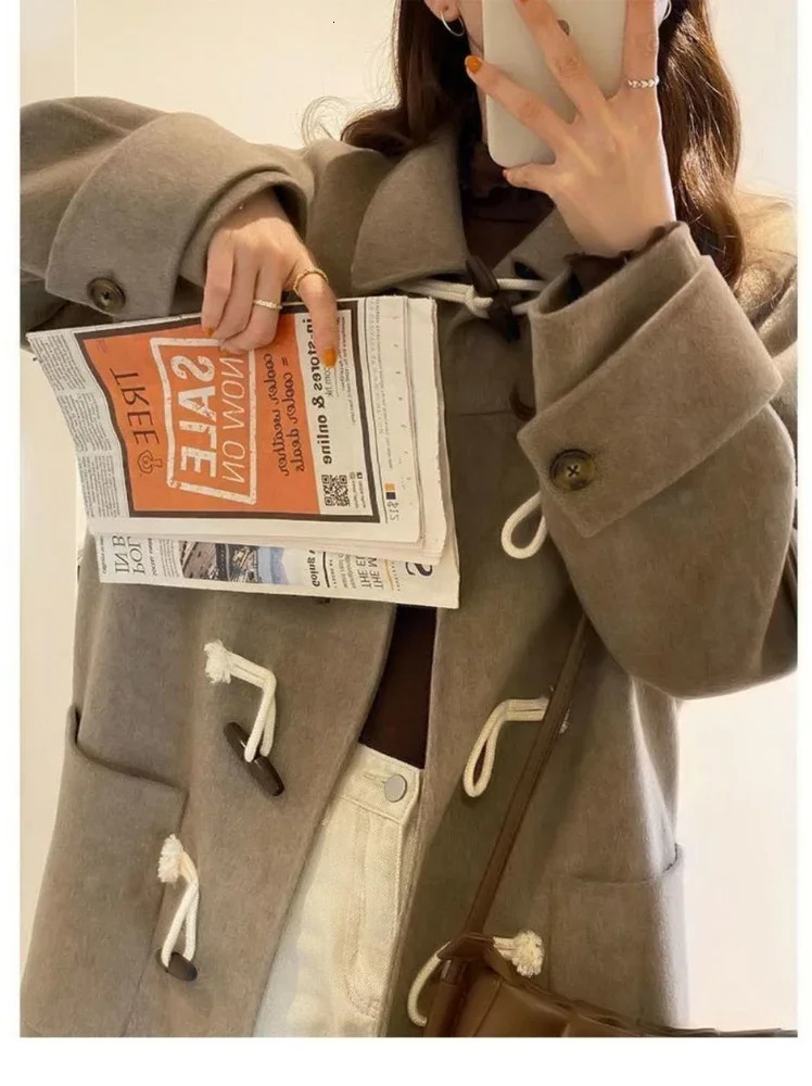 College Style Japanese Lovely Woolen Coat Medium Length Ox Horn Buckle Student Coat Camel Winter Coat Autumn Winter 241204