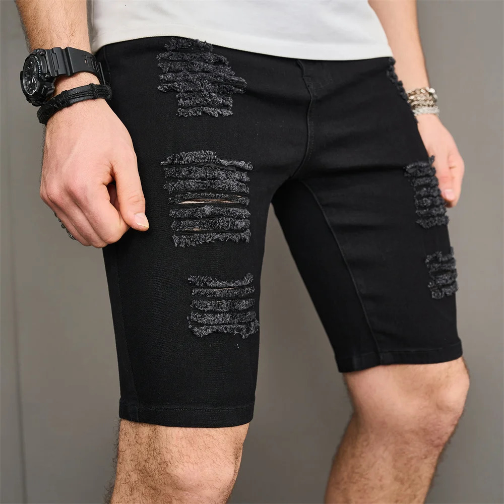 Street Men Holes Distressed Slim Beach Denim Shorts Summer Stylish Solid Male Casual Jean Five-point Pants 241205