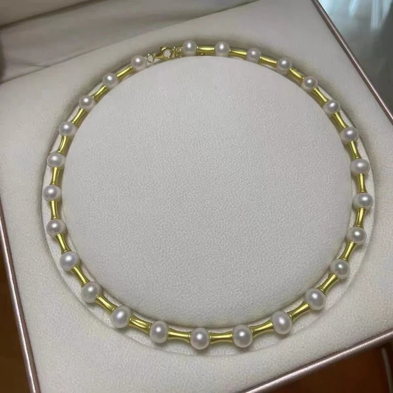 100% Natural Fresh Water Bright White AKOYA Pearl Necklace Bamboo Knot Kravik Chain Star Style Mens and Womens Jewelry 241205