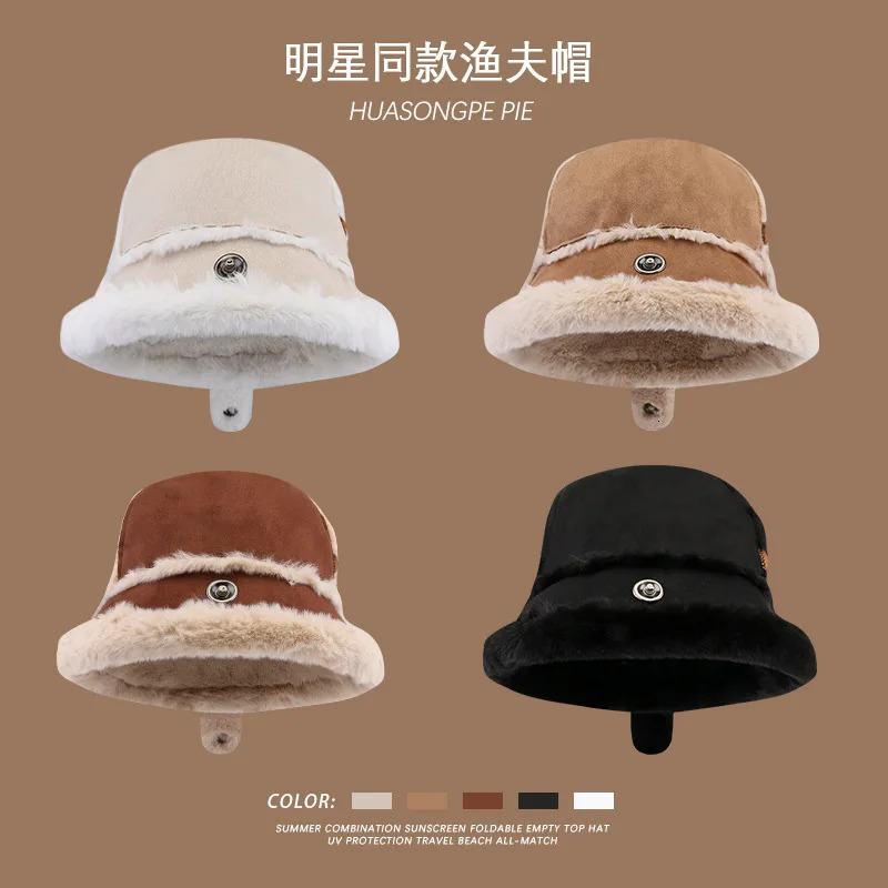 Wool lined thickened celebrity bucket hat for womens winter warmth fully matched with Korean style plush hat fashionable suede bean 241205