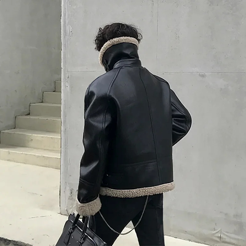 Wool leather jacket mens trend autumn and winter thick standing collar cashmere leather jacket fur integrated jacket 241205