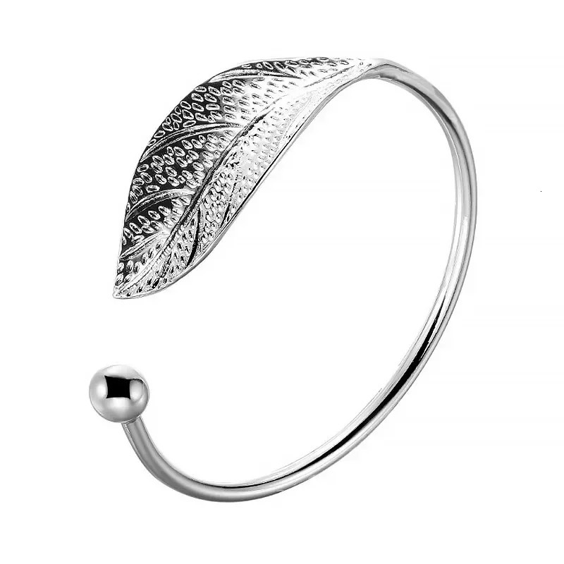 Fashion 925 Sterling Silver Woman Cuff Bracelet Open Leaf Shaped Adjustable Charm Bangle Girls Party Jewelry Christmas Gifts 241122