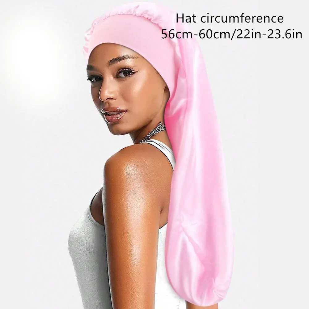 Soft Black Satin Hair Bonnet for Sleep Shower - Elastic Comfortable Wr for Hair Protection and Style PreservationXJ241205