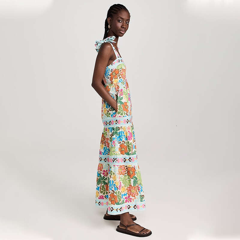 Summer European and American Sleeveless, Collarless, High Waist Plant Printed Women's Large Swing Strap Dress 2024 New Casual Fashion Trendy Clot