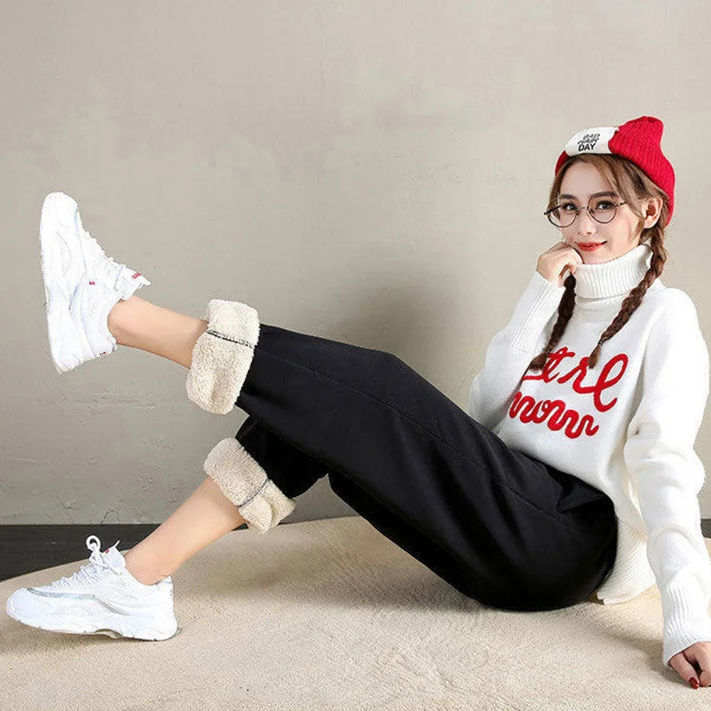 Winter Warm Womens Trouser Wool Lined Elastic Legs Elastic Foot Mouth Womens Casual Plus Velvet Warm Pants 241202