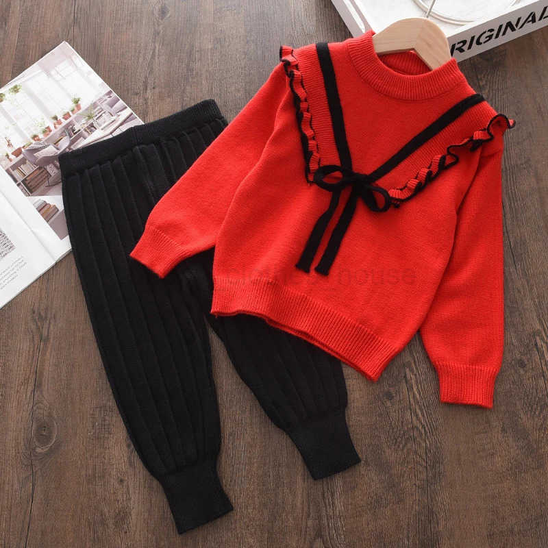Bear Leader Baby Girls Autumn Winter Fashion Bow Knitted Thick Clothes Sets Kids Long Sleeve Sweater Pants Set Baby Girl OutfitXJ241205