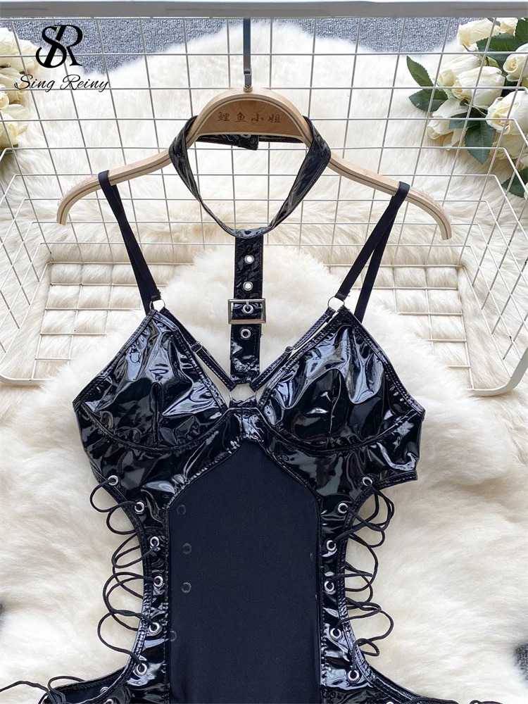 SINGREINY PU Leather Sensual Halter Camis Rompers Drawstring Lace-Up Slim Playsuits Female Open Crotch Erotic Lingerie Bodysuits 241205