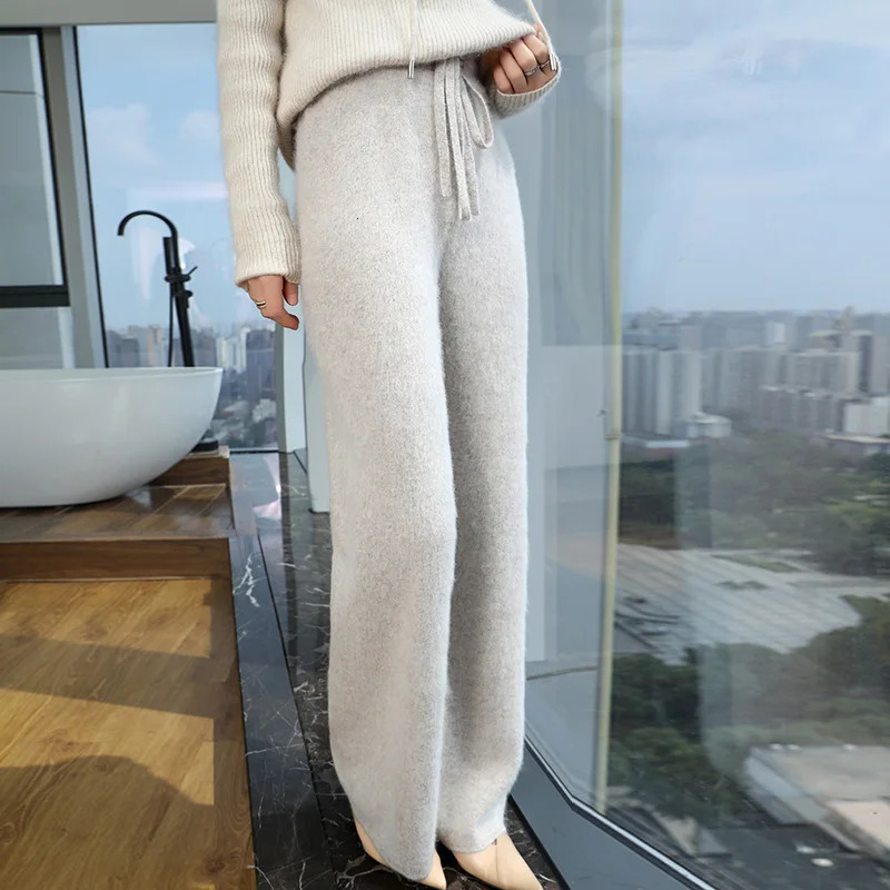 Autumn/Winter Mink Cashmere Wide Leg Womens Pants Thick Warm Loose High Waist Strap Vertical Casual Pants 241202