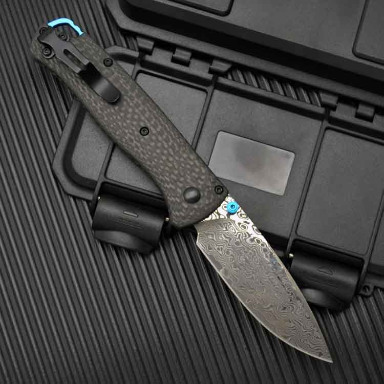 H-Models 535-3 Bugout Folding Knife 3.24 Damascus knives Satin Plain Blade, Carbon Fiber Handles