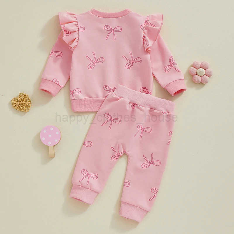 Toddler Girls Clothes 2PCS Autumn Outfits Long Sleeve O Neck Bow Print Tops Drstring Pants Newborn Clothes SetXJ241205