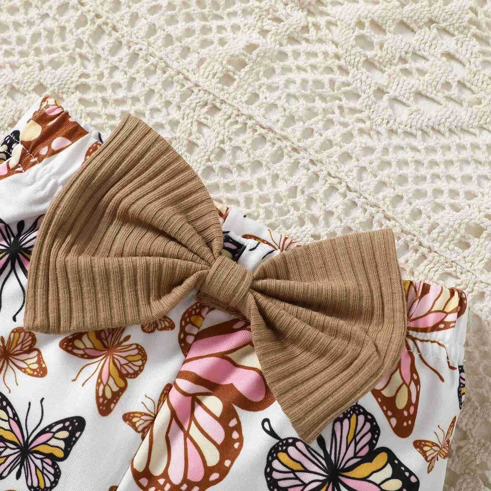 Baby Girls Fall Clothes Sets Long Bubble Sleeve Ribbed Romper+Butterfly Print Bow Flare Pants+Hair Band Infants 3Pieces OutfitsXJ241205