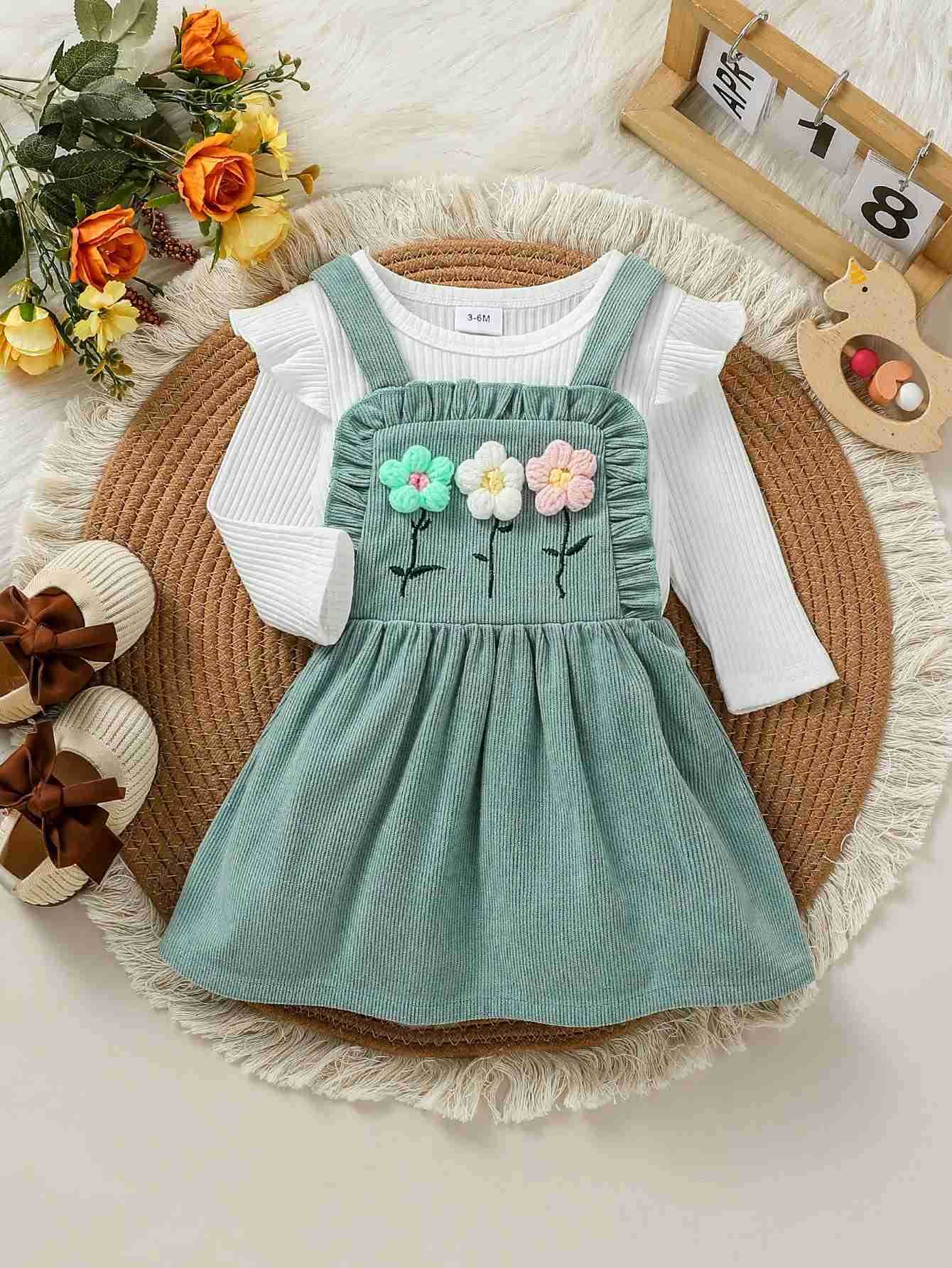 2pcs Babys Girls Long Sleeve Autumn Bodysuit Skirt Set With Floral Preppy Sle Fashion ClothingXJ241205