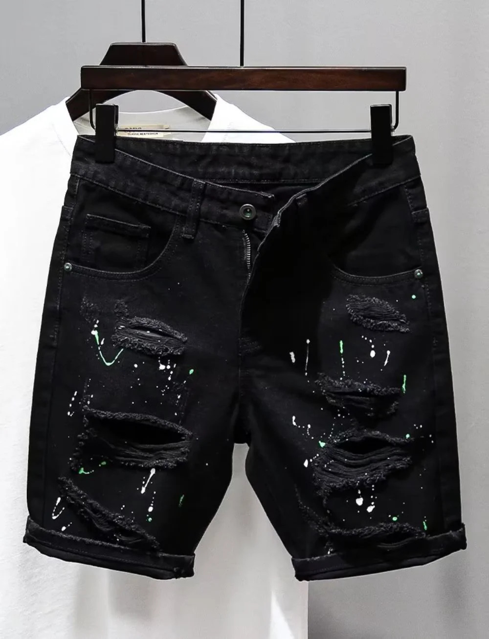 Summer Kpop Mens Y2K Streetwear Ripped Jeans Trendy Dotting Ink Distressed Casual Boyfriend Black Denim Shorts 241205