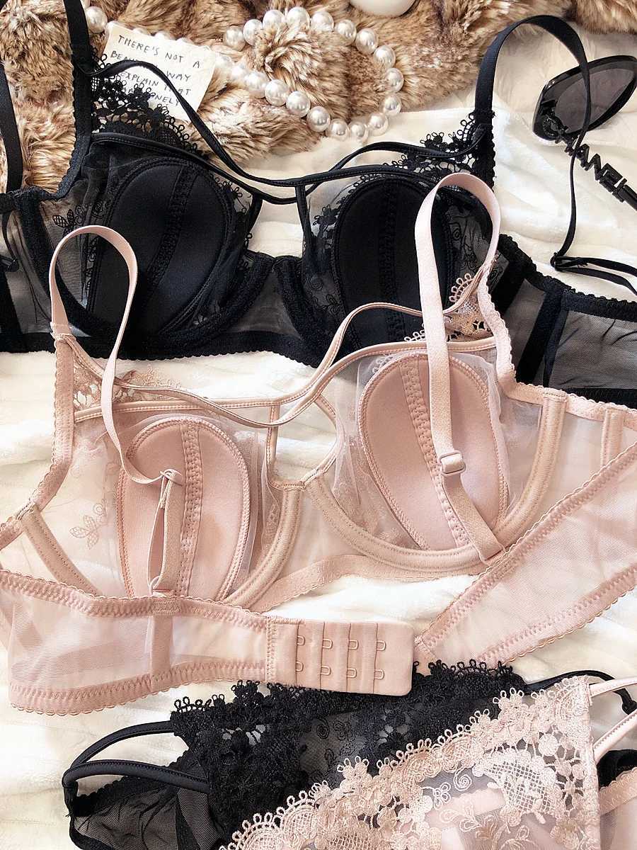 Sexy Hollow Women Underwear Lace Floral Embroidery French Ultra Thin Cup Push Up Bra Set Adjustable Strap Brassiere Panties SetsXJ241205